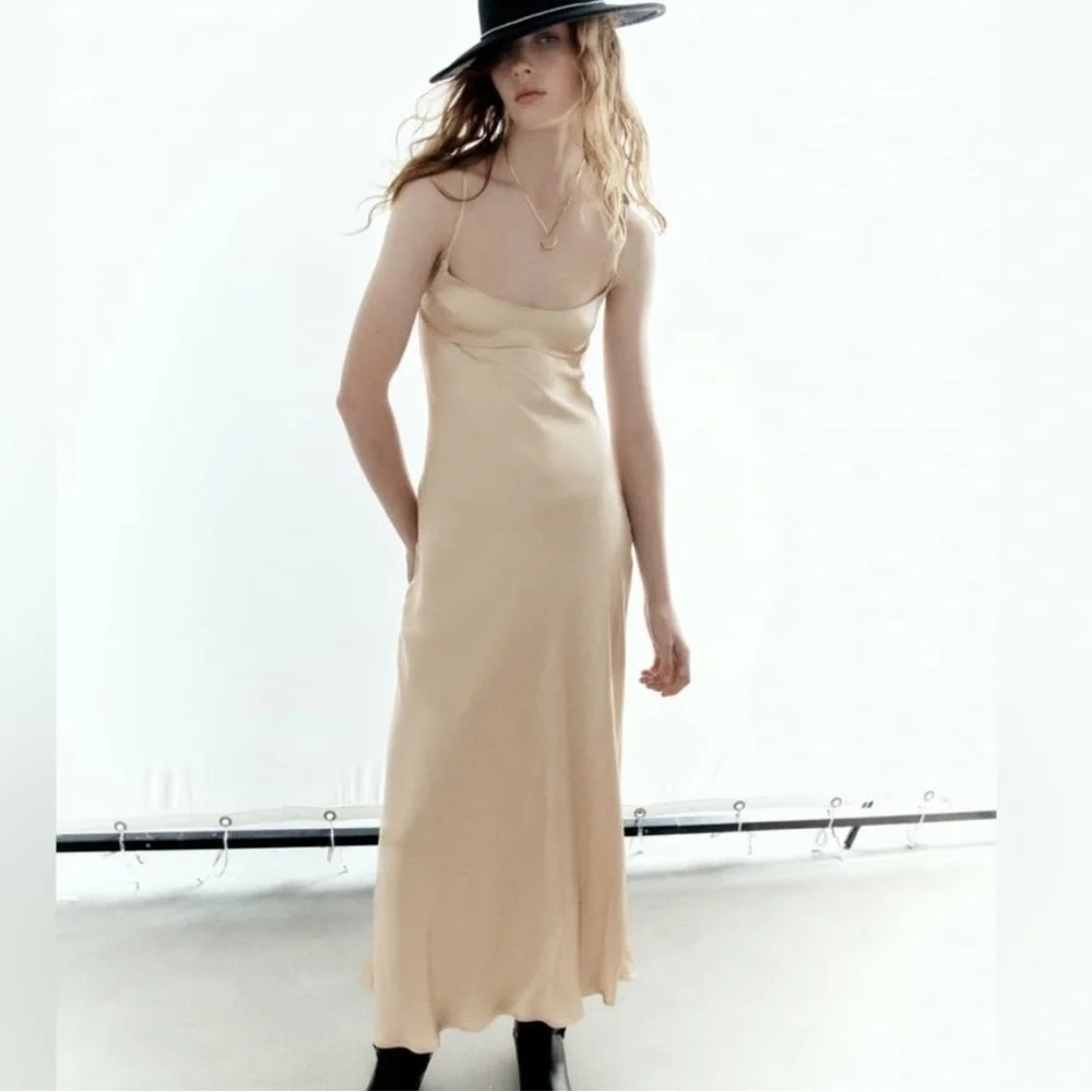 Zara Beige Satin Slip Dress - Picture 2 of 8